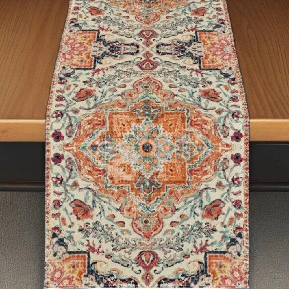 Boho Table Runner Bohemian Cottage Farmhouse Decor Dining Cloth Orange 13x36
